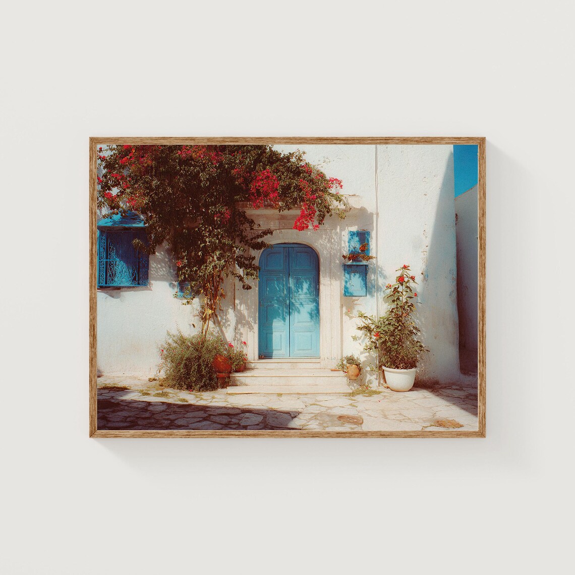 Sidi Bou Said Tunisia Blue Door Bougainvillea Coastal Photography Poster
