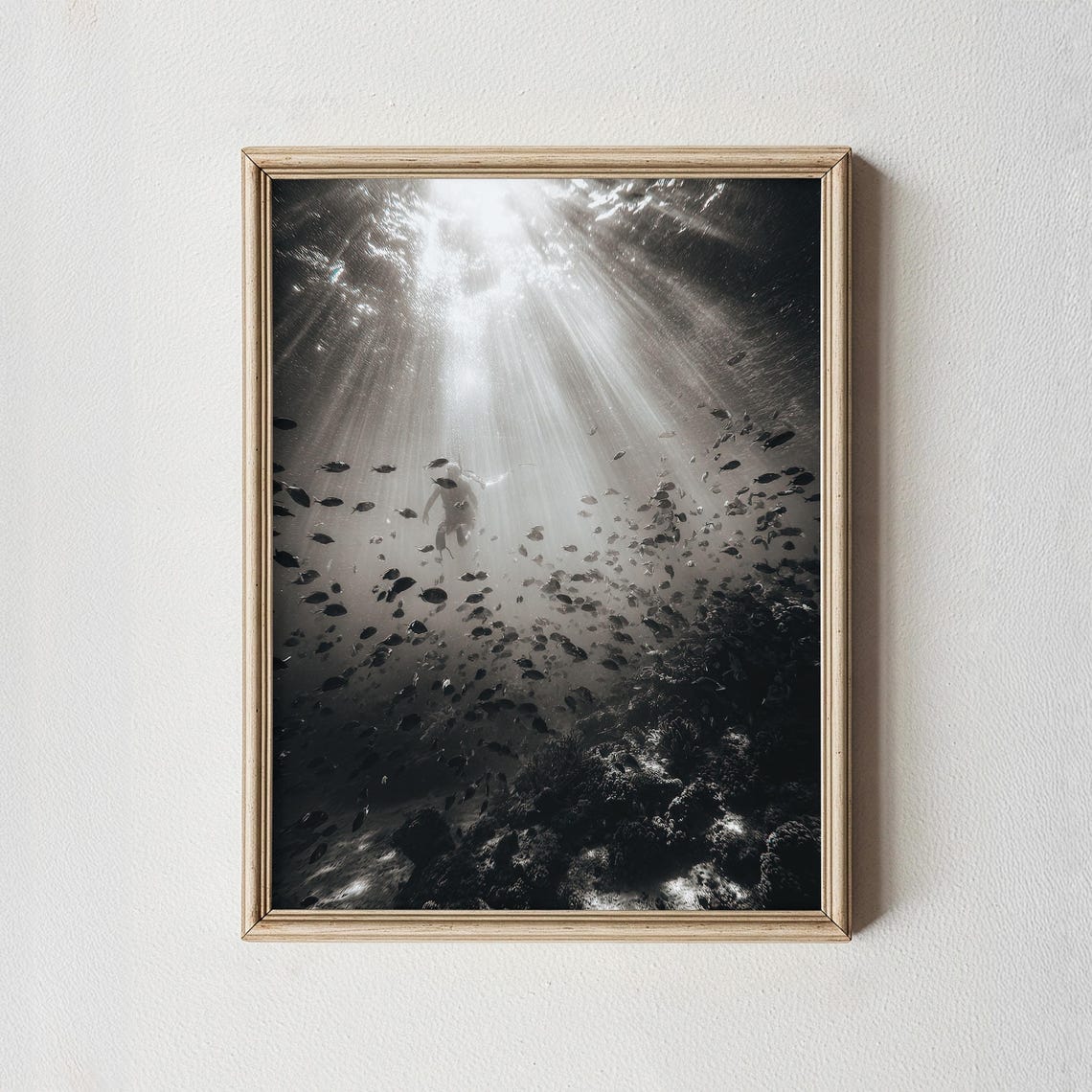 Black White Underwater Diver Sunbeams Ocean Photography Art Poster