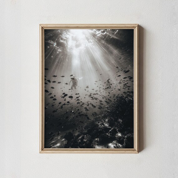 Black White Underwater Diver Sunbeams Ocean Photography Art Poster