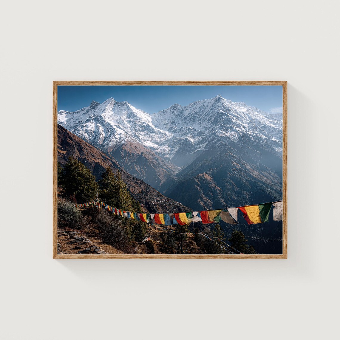 Snowy Himalayan Peaks With Colorful Buddhist Prayer Flags Photography Print