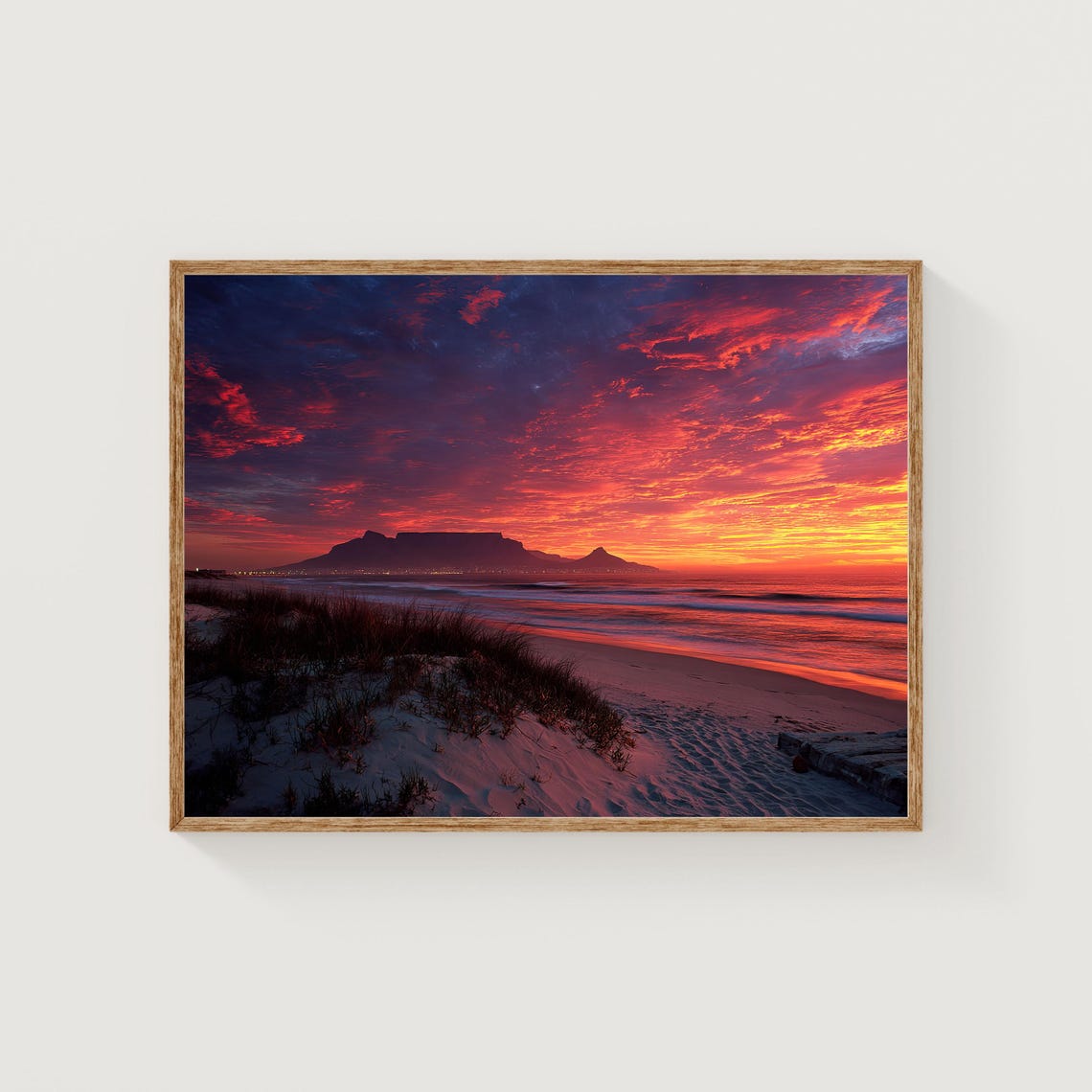 Table Mountain Sunset Beach Red Sky Cape Town Photography Poster