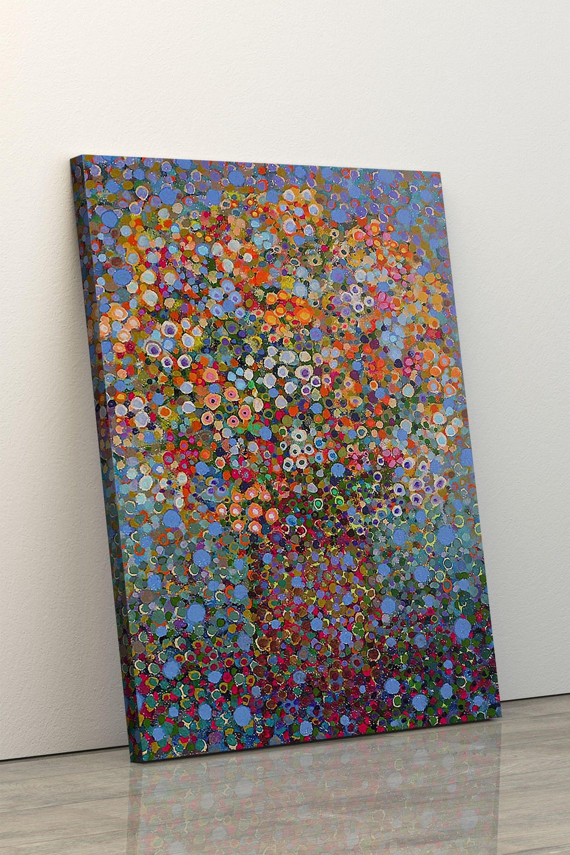 Abstract Blue Dot Painting With Multicolor Circles Modern Wall Art - Image 3