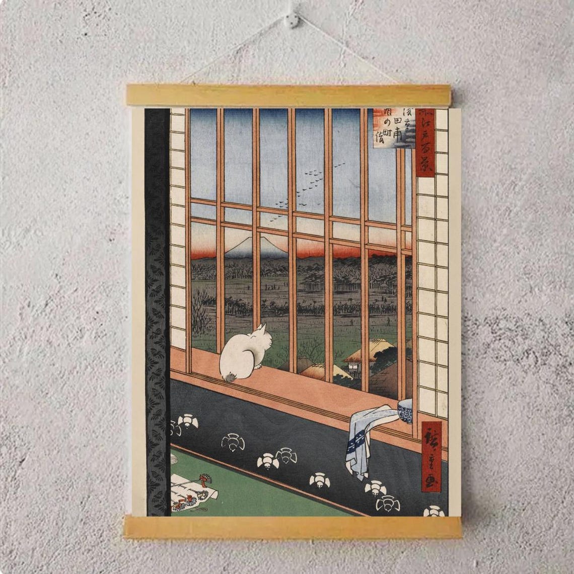 Japanese White Cat Window Mt Fuji Woodblock Style Scene Poster - Image 5