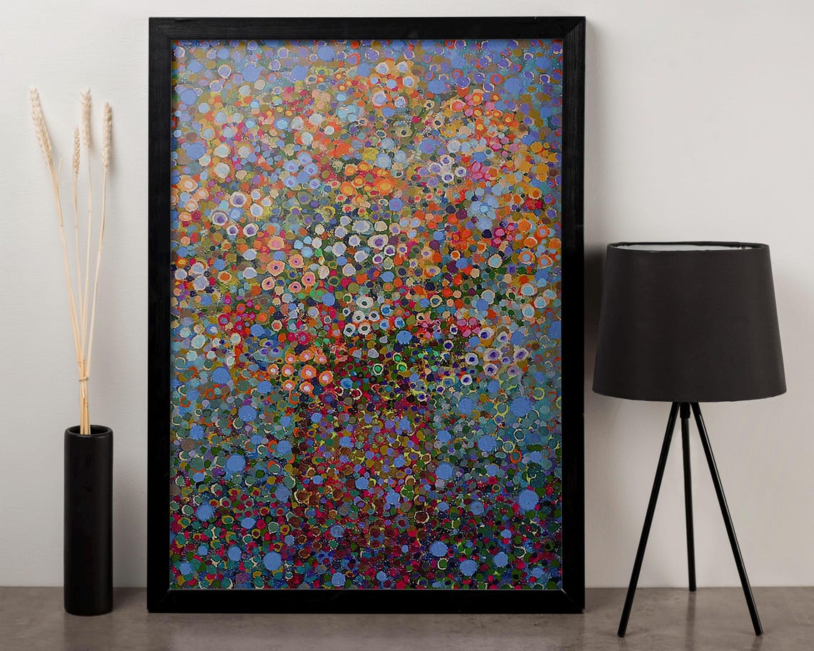Abstract Blue Dot Painting With Multicolor Circles Modern Wall Art