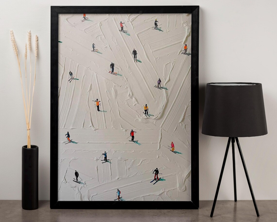 Tiny Skiers On Snowy Slope Minimalist Winter Sports Art Poster