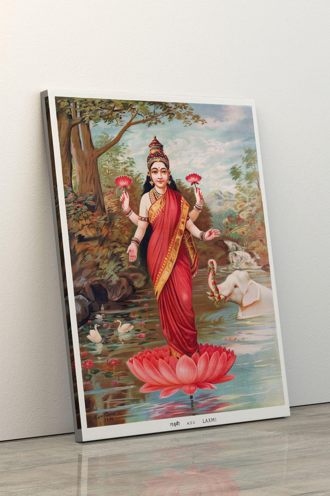 Goddess Lakshmi Vintage Hindu Religious Lotus Pond Art Poster - Image 5