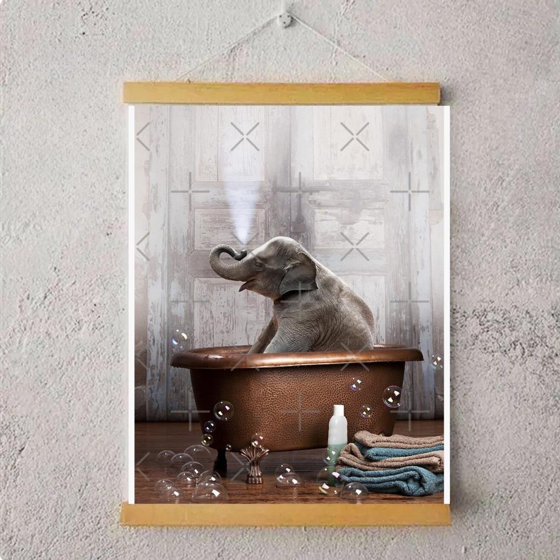 Baby Elephant Copper Bathtub Bubbles Cute Bathroom Scene Poster - Image 4