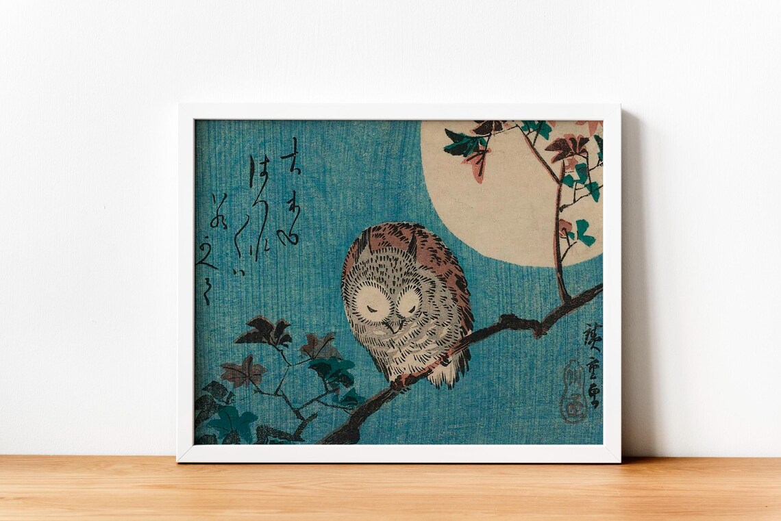 Horned Owl On Maple Branch Under Full Moon Japanese Woodblock Poster