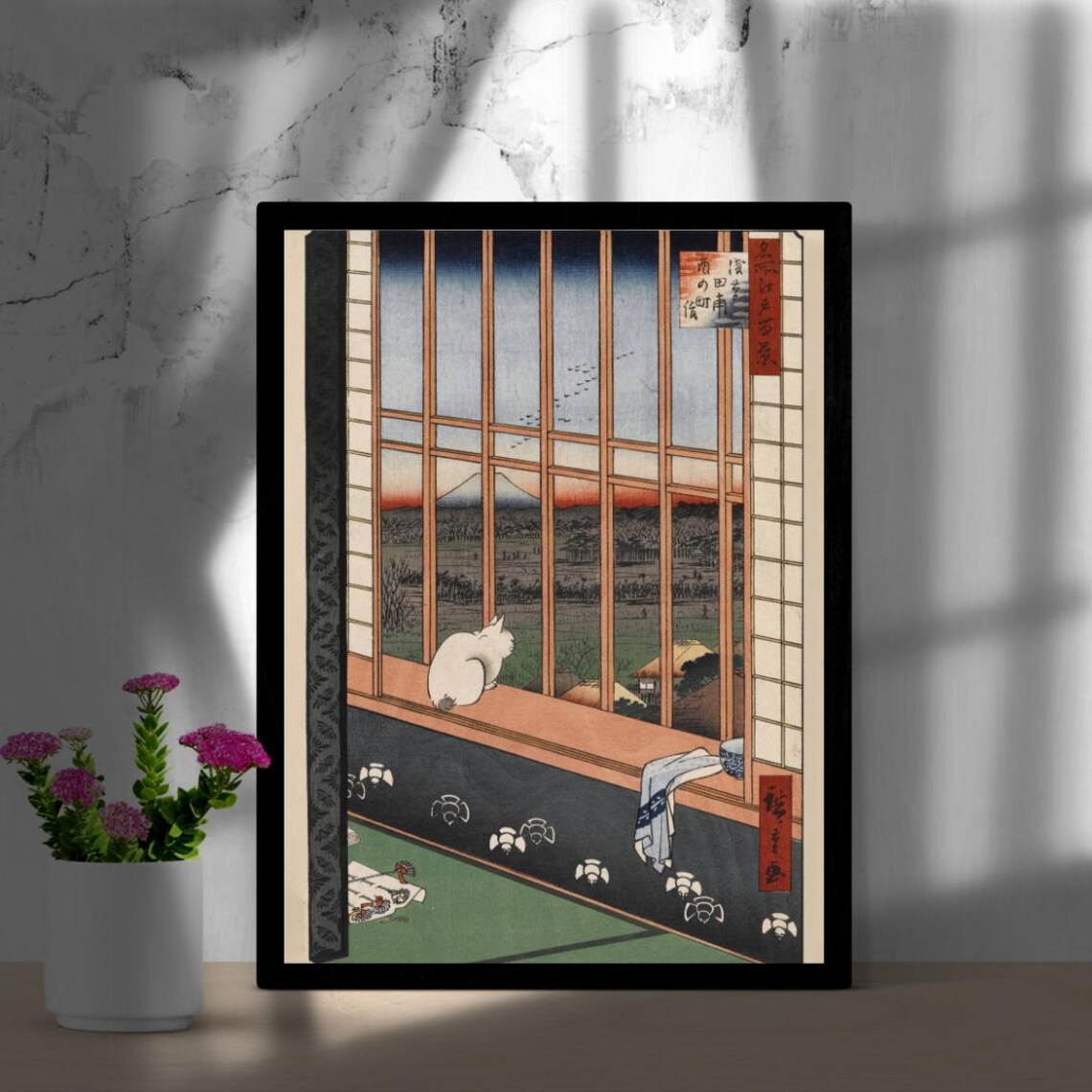 Japanese White Cat Window Mt Fuji Woodblock Style Scene Poster - Image 2