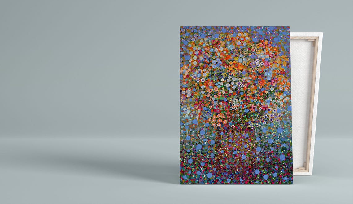 Abstract Blue Dot Painting With Multicolor Circles Modern Wall Art - Image 4