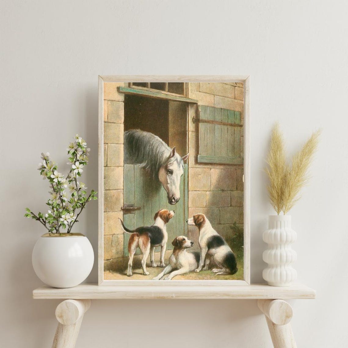Vintage Horse Greeting Three Hound Dogs at the Stable Door Poster - Image 5