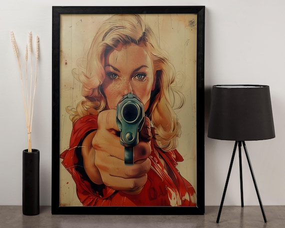 Blonde Woman Aiming Pistol Vintage Pulp Comic Pop Art Poster