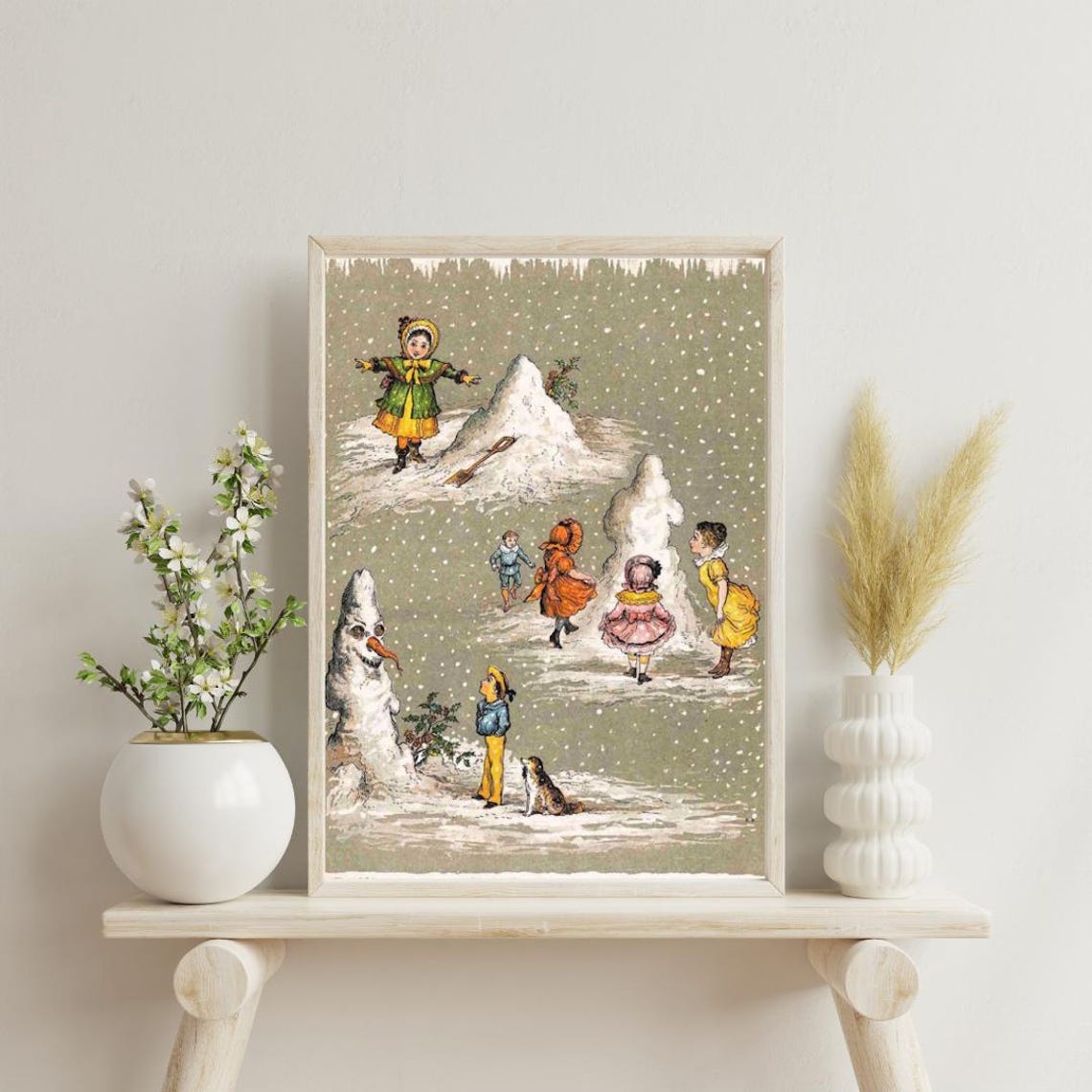 Victorian Children Building Snowmen in the Snow Vintage Winter Poster