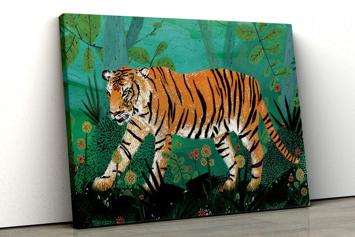 Tiger Walking Through Jungle Foliage Folk Art Wildlife Wall Poster