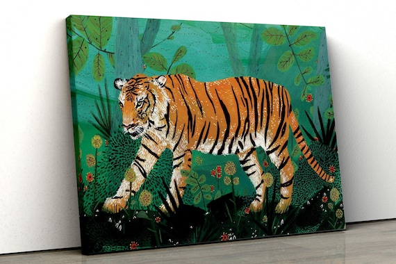 Tiger Walking Through Jungle Foliage Folk Art Wildlife Wall Poster