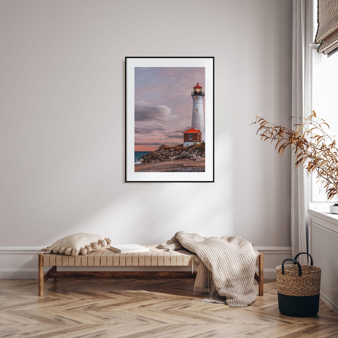 Michigan Lighthouse Rocky Shore Sunset Beacon Great Lakes Poster - Image 2