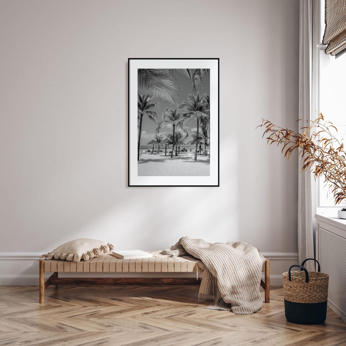 Aruba Palm Tree Beach Lounge Chairs Ocean View Black and White Poster - Image 2