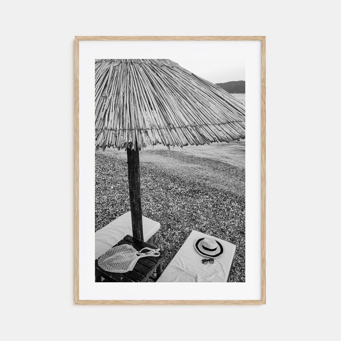 Straw Beach Umbrella Sun Loungers Pebble Shore Summer Photo Poster