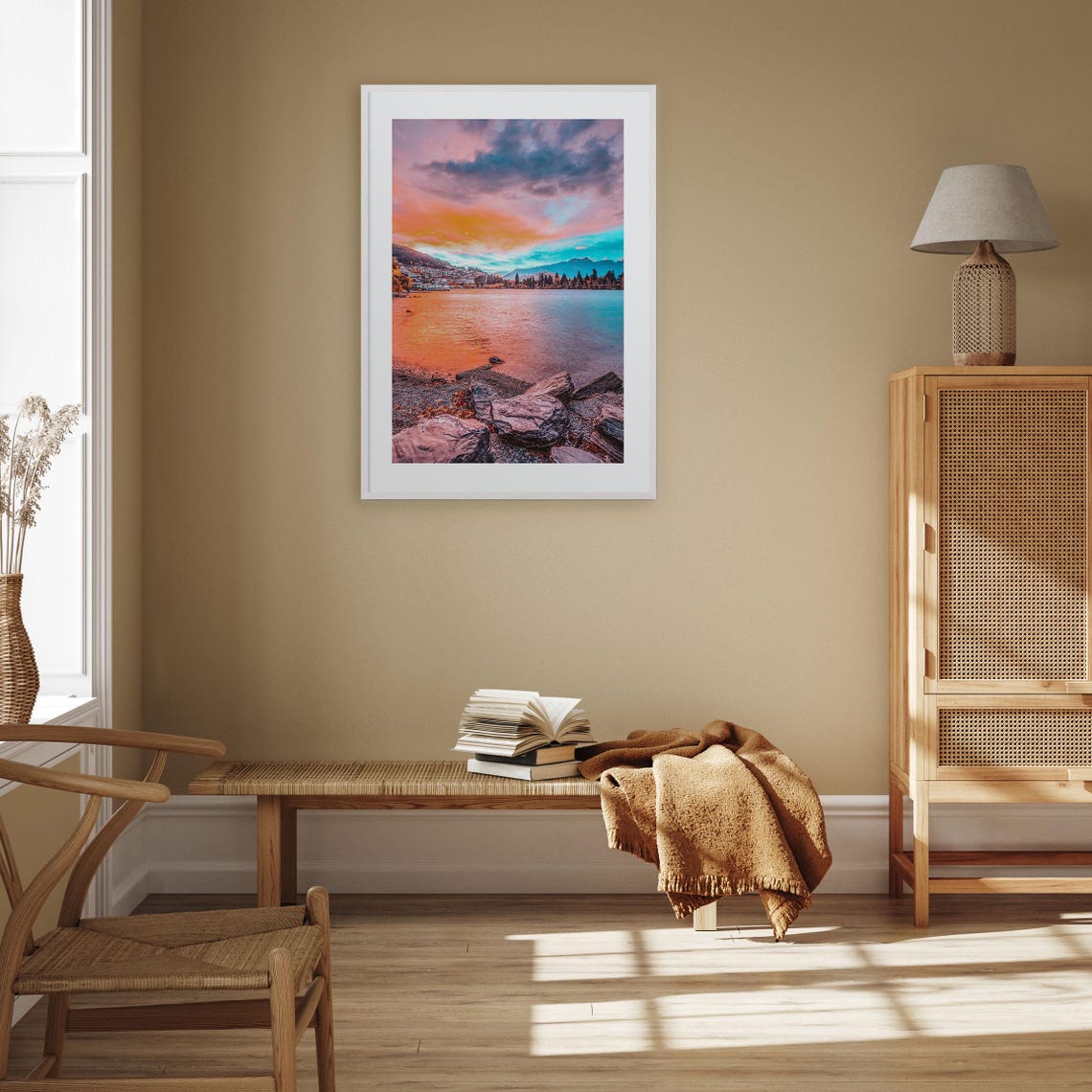 Alpine Lake Sunset Rocky Shoreline Vivid Orange Sky Reflection Poster - Image 3