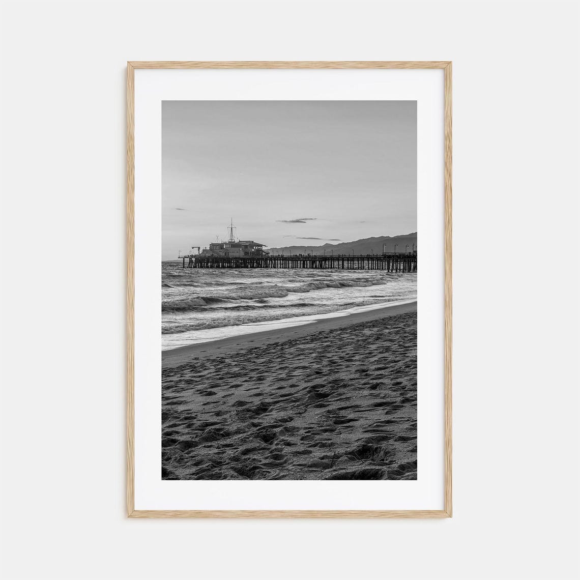 California Ocean Pier On Wide Sandy Beach Black And White Poster