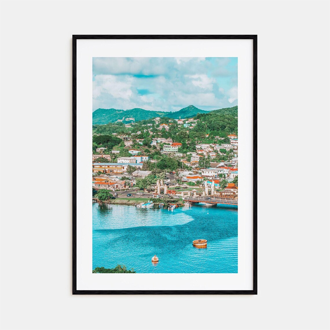 Saint Lucia Hillside Harbor Town Blue Bay Boats Caribbean Poster