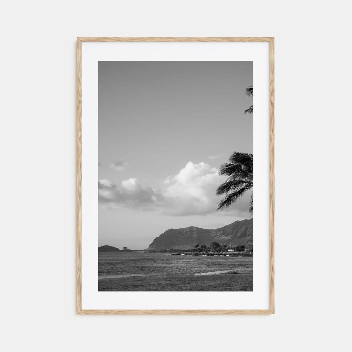 Oahu Hawaii Coastline Mountain Headland Waves Black White Poster