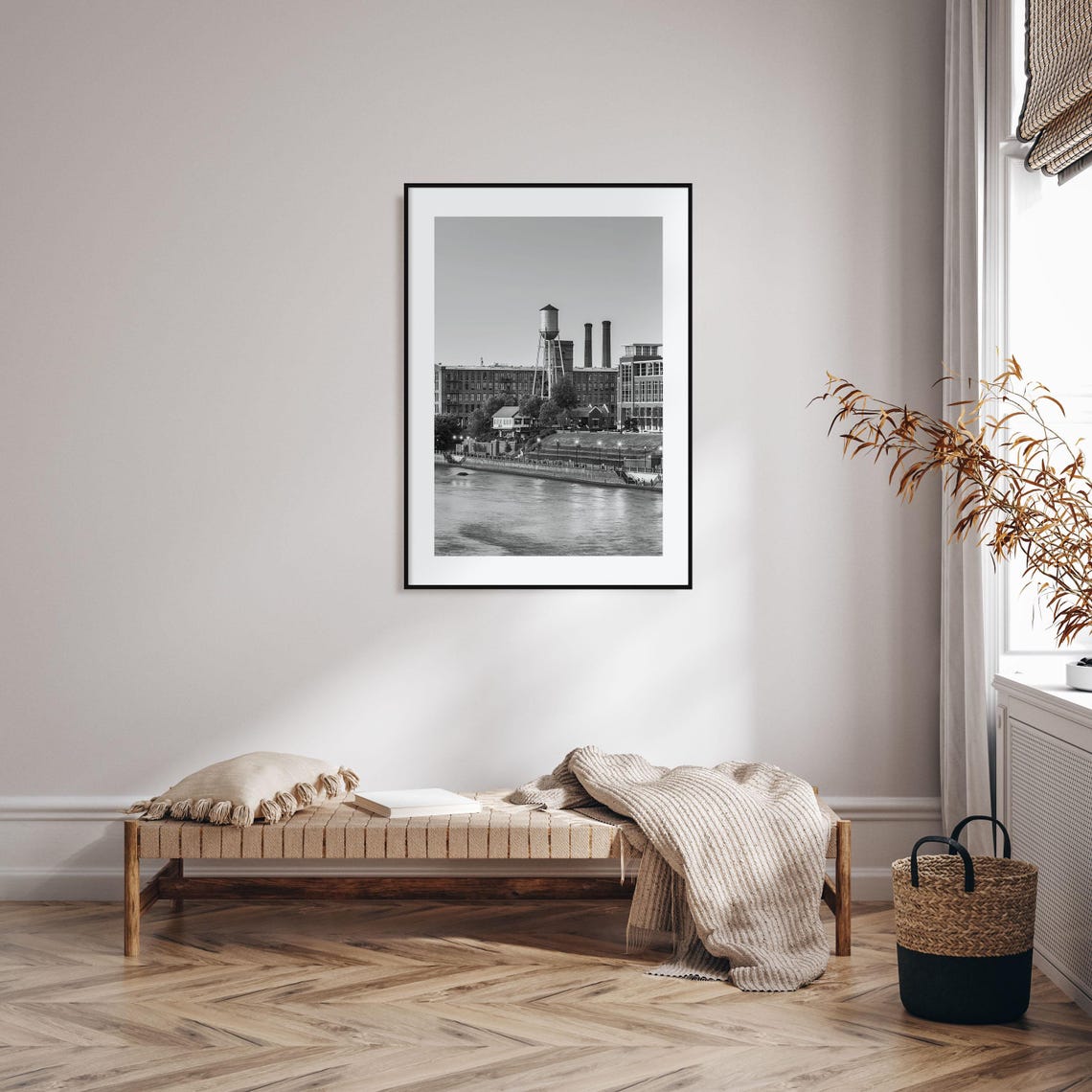 Historic Mill Water Tower Riverside Black and White City Poster - Image 2