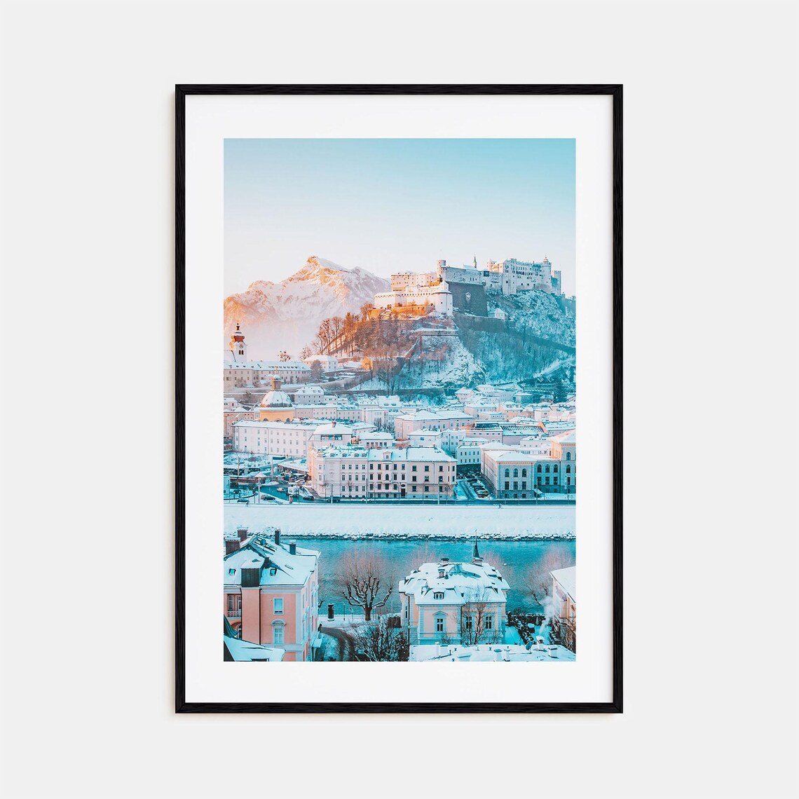 Salzburg Old Town and Fortress in Snow at Winter Sunrise Print