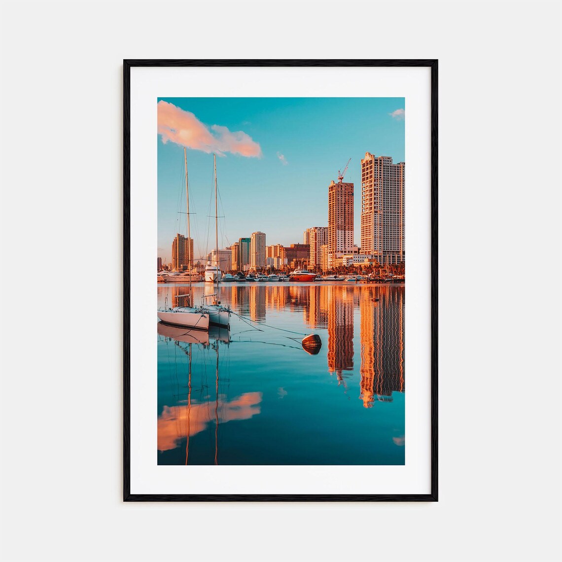 Sailboats at Sunset City Skyline Harbor Reflection Art Print
