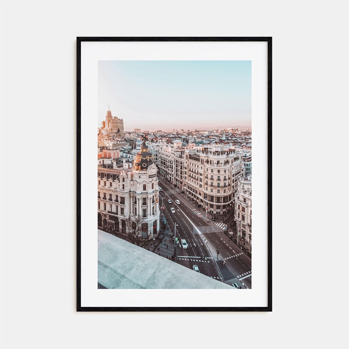Madrid Gran Via Metropolis Building Golden Dome Sunset Street Poster