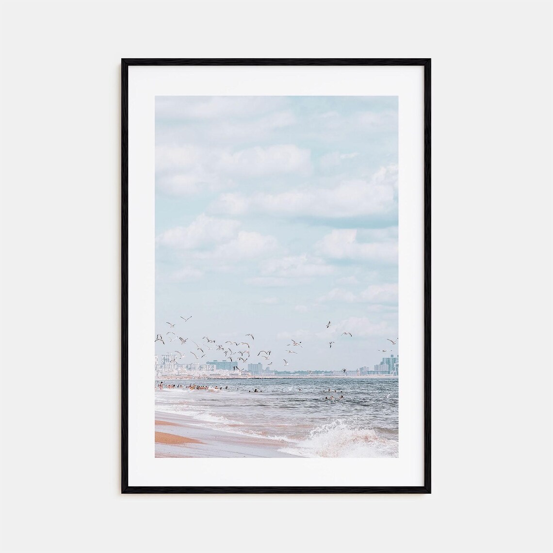 Rockaway Beach Seagulls Ocean Waves City Skyline Photo Poster