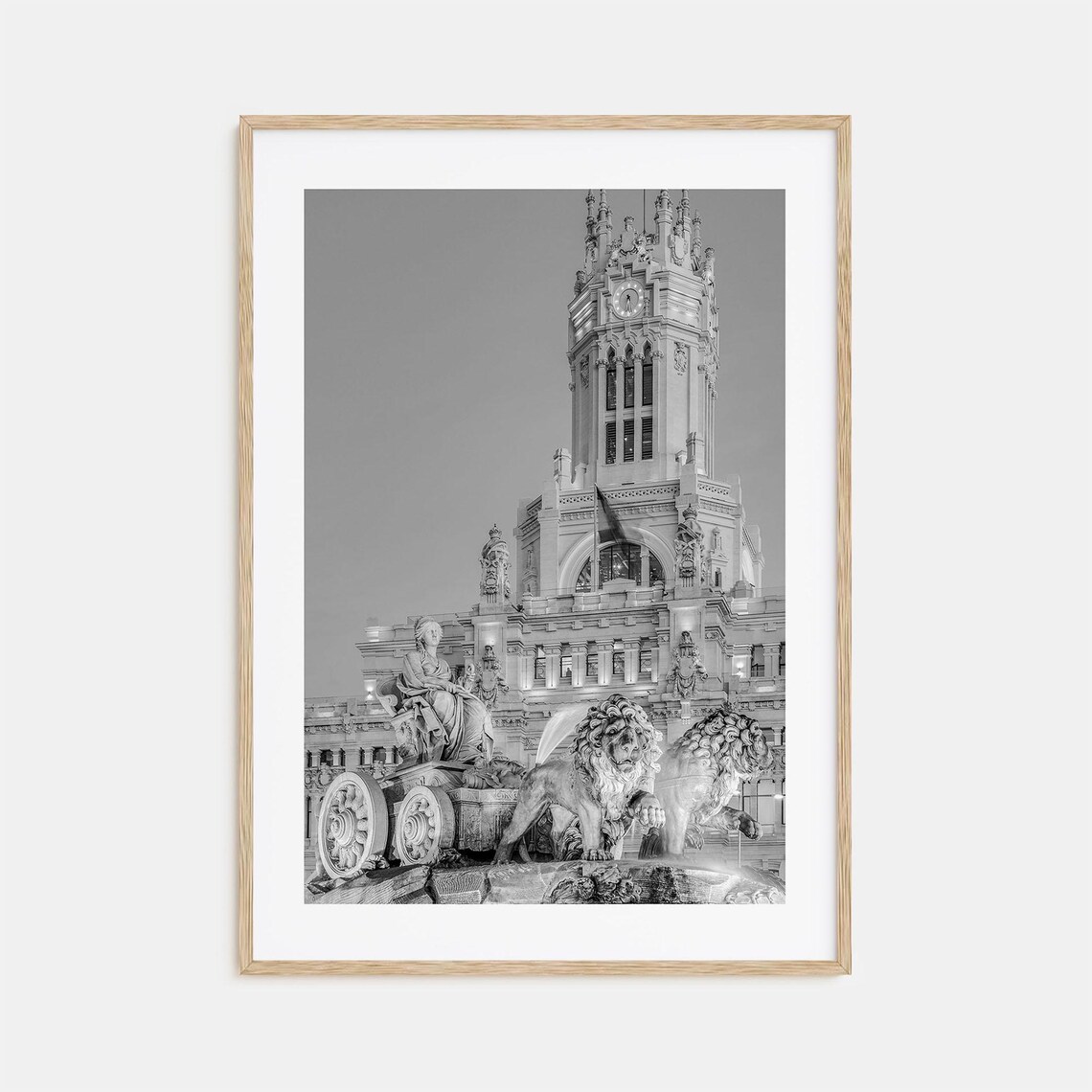 Madrid Cibeles Fountain Lions and Palace Black and White Poster