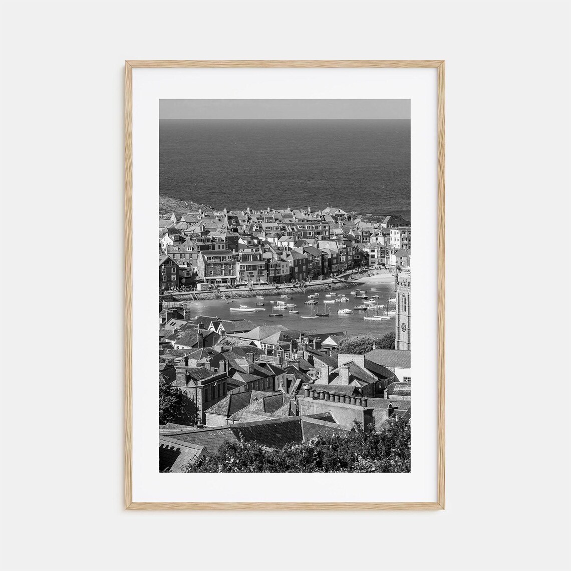 England Black And White Coastal Fishing Harbor Town Scene Poster