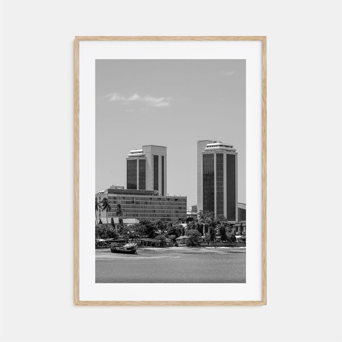 Dar Es Salaam Black And White Waterfront Towers And Boat Poster