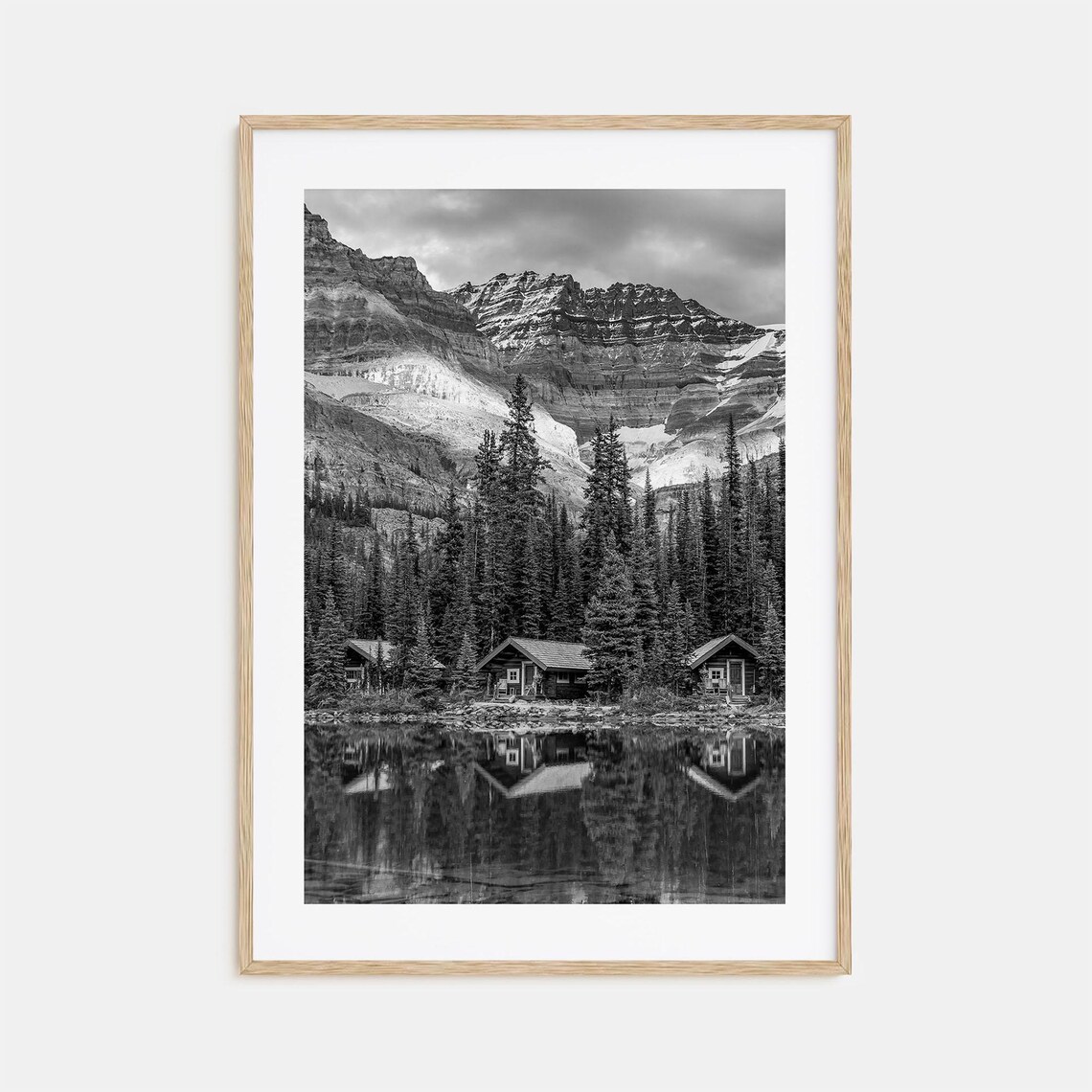 Log Cabins on Mountain Lake Shore Mirror Reflection Photo Poster