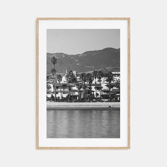 Santa Barbara Palm Trees Waterfront Mountains California Black White Poster