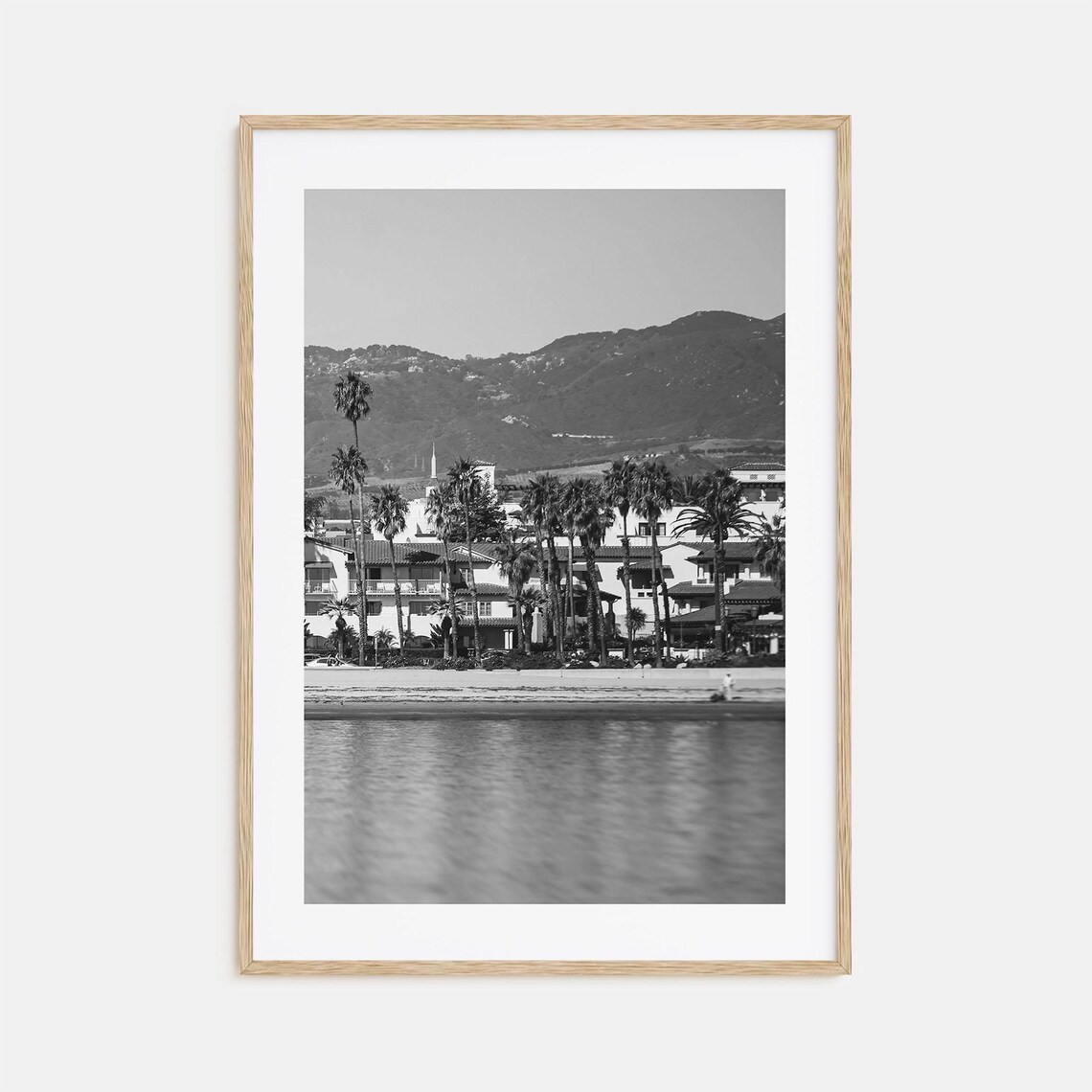 Santa Barbara Palm Trees Waterfront Mountains California Black White Poster