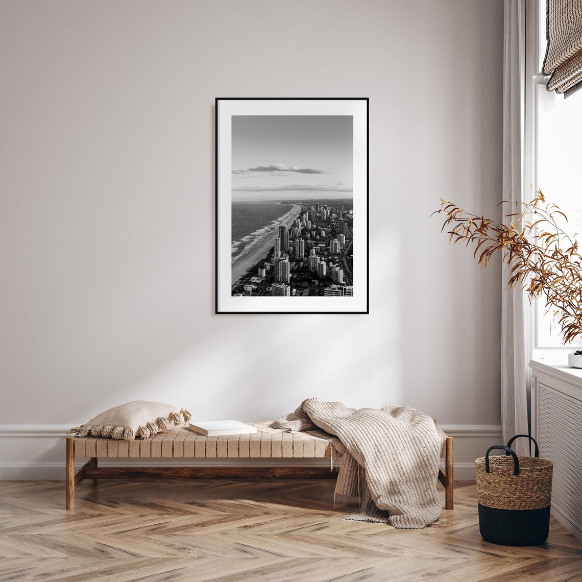 Coastal Resort City High Rises Along A Curved Beach Black White Poster - Image 2