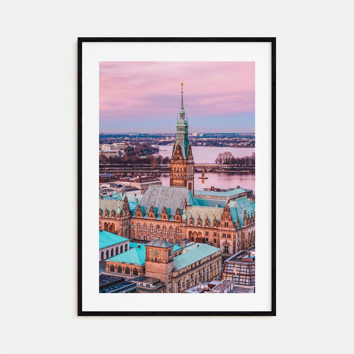 Hamburg City Hall Tower Twilight Alster Lake Skyline View Poster