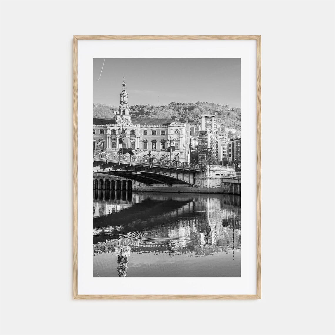 Bilbao Bridge and Clock Tower Reflection Black and White Photo Poster