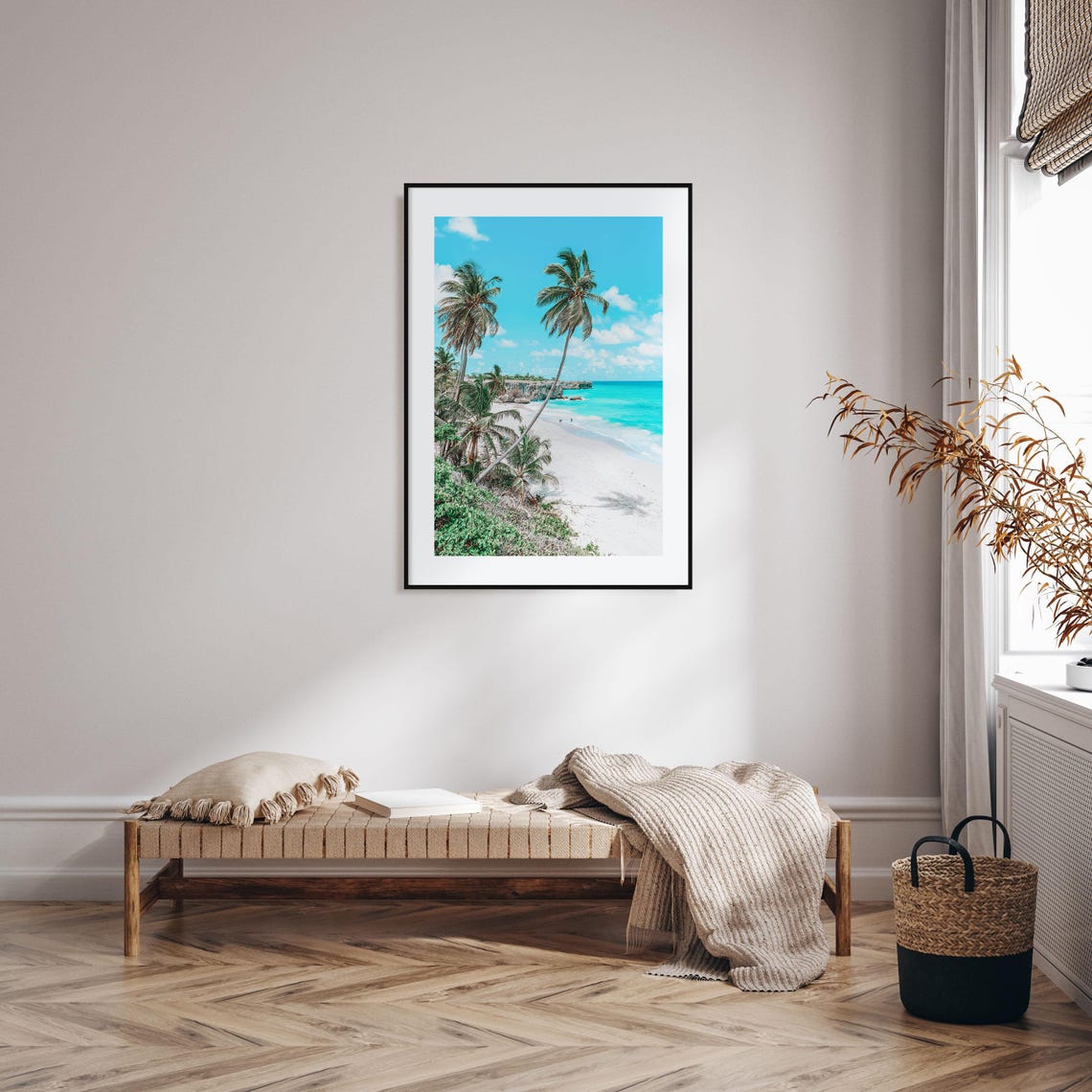 Tropical Beach with Leaning Palm Trees on White Sand Shoreline Poster - Image 2