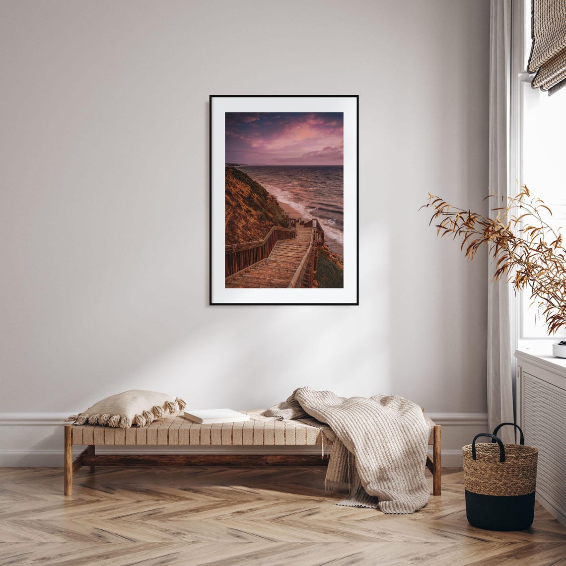 Encinitas Wooden Stairs Down the Cliff to the Beach Sunset Poster - Image 2