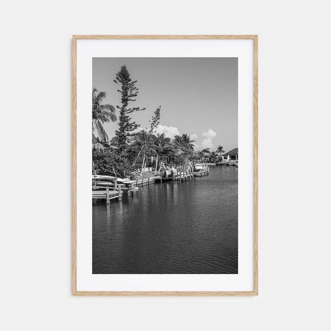 Tropical Marina Boats Palm Trees Black White Waterfront Poster