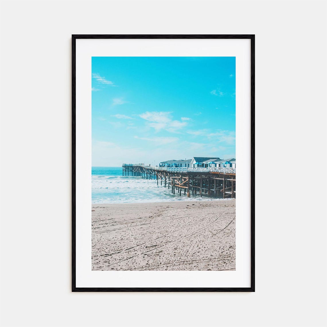 Pacific Beach Pier Over Turquoise Waves and Sandy Shore Poster