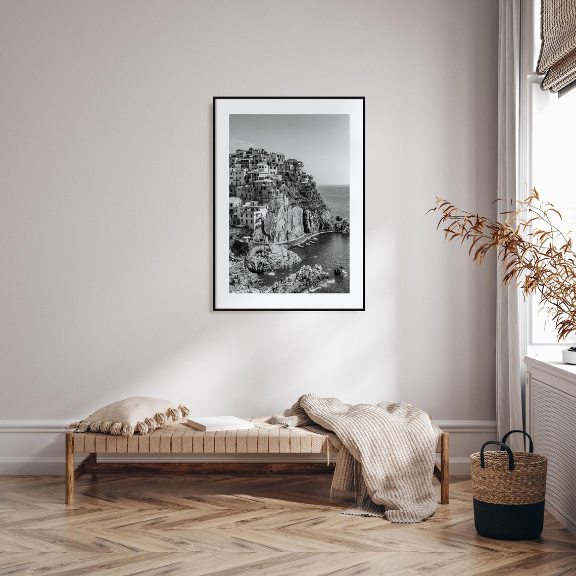 Cinque Terre Italy Manarola Cliff Village Black and White Poster - Image 2