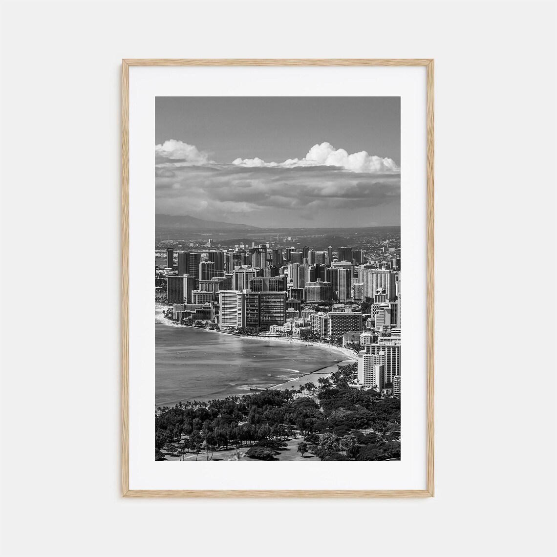 Honolulu Waikiki Skyline Diamond Head View Black and White Poster