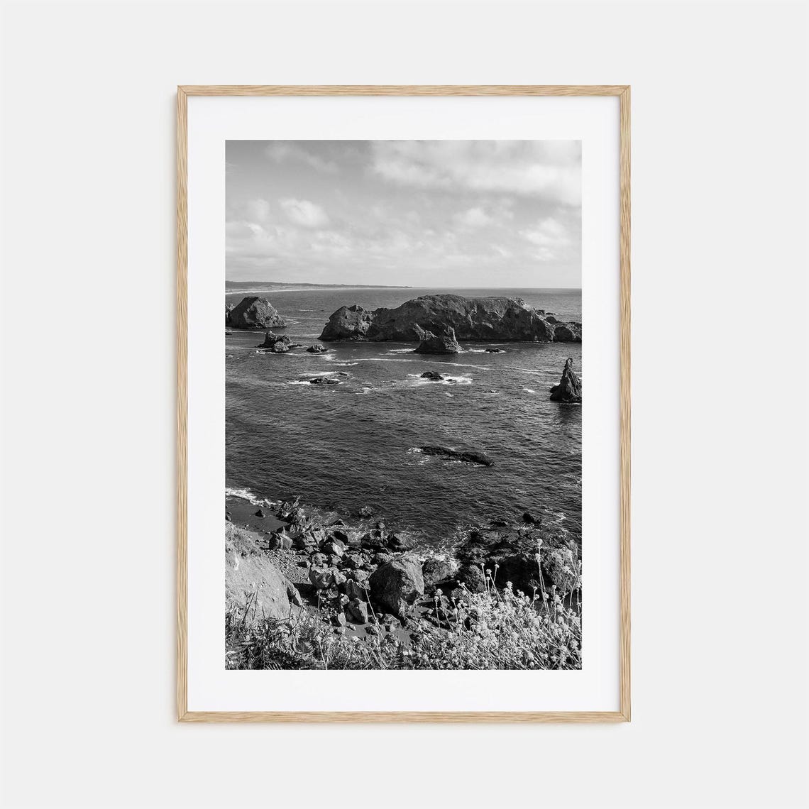 Northern California Rocky Coastline Sea Stacks Black White Poster
