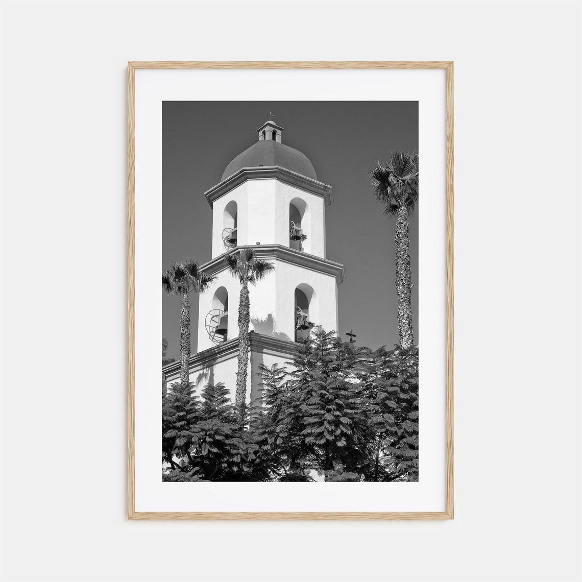 Spanish Bell Tower Dome and Palms Black and White Mission Poster