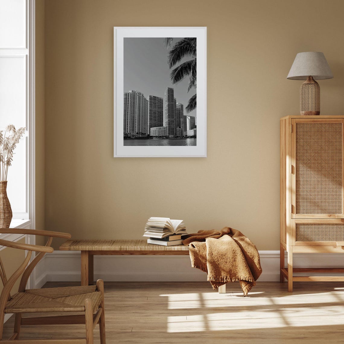 Miami Downtown Towers Palm Trees Waterfront Black and White Poster - Image 3