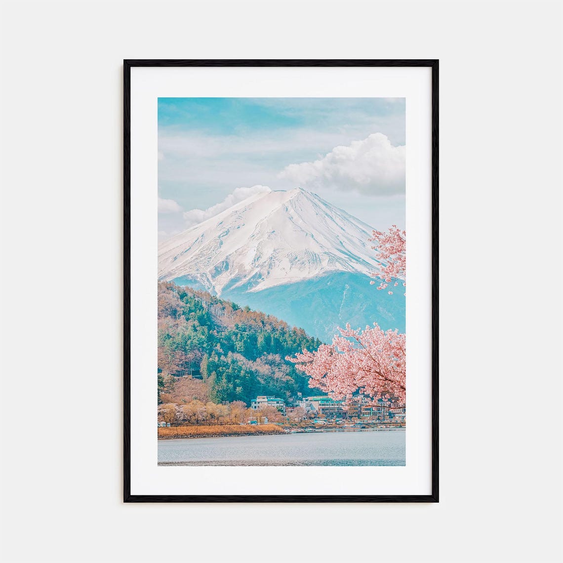 Japan Mount Fuji Cherry Blossom Spring Lake Scenic Photo Poster